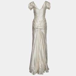 Pre Owned Christian Dior Ivory White Silk Bow Detail Gown S