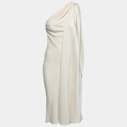 Pre Owned Christian Dior Cream Crepe One-Shoulder Draped Midi Dress S