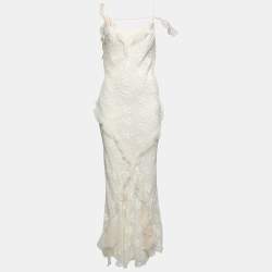 Pre Owned Dior Off White Patterned Silk Ruffle Trimmed Sleeveless Maxi Dress M