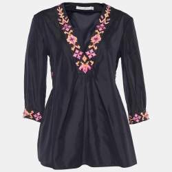 Pre Owned Dior Midnight Blue Cotton Silk Embellished Flared Blouse M