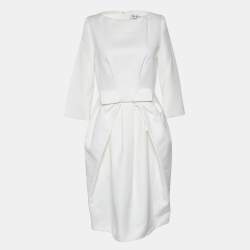 Dior Ivory Textured Cotton Bow Detail Pleated Dress M