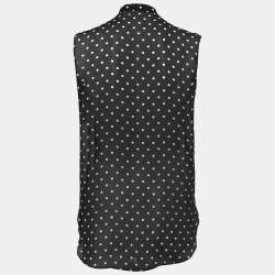 Christian Dior Black Polka-Dot Print Silk Tie-Neck Sleeveless Top S