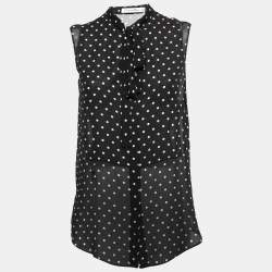 Christian Dior Black Polka-Dot Print Silk Tie-Neck Sleeveless Top S