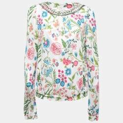 Pre Owned Christian Dior Multicolor Floral Printed Jersey Embellished Top XL
