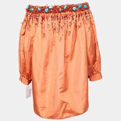 Pre Owned Christian Dior Orange Silk Embellished Off Shoulder Top M