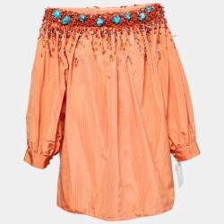 Pre Owned Christian Dior Orange Silk Embellished Off Shoulder Top M