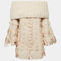 Christian Dior Cream Knitted Bow Embellished Sweater & Scarf Set M