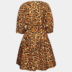 Pre Owned Christian Dior Yellow Animal Print Silk Belted Midi Dress L