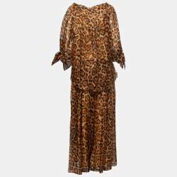 Christian Dior Brown Animal Print Silk Top & Pants Set L