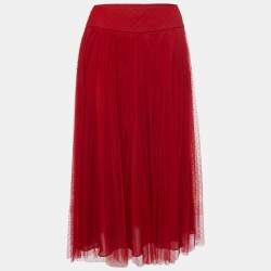 Christian Dior Red Polka Dotted Tulle Overlay Gathered Midi Skirt M