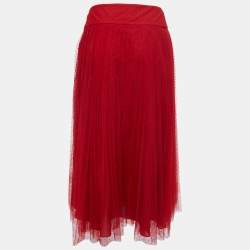 Christian Dior Red Polka Dotted Tulle Overlay Gathered Midi Skirt M