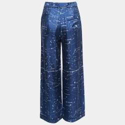 Pre Owned Christian Dior Blue Printed Silk Wide Leg Pants S
