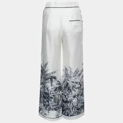 Pre Owned Christian Dior White Printed Silk Wide Leg Pants S