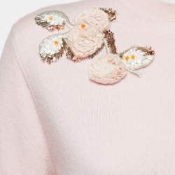 Dior Light Pink Knit Floral Applique Half Sleeve Sweater Top L