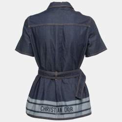 Pre Owned Christian Dior Blue Denim Couture Belted Short Sleeve Shirt S