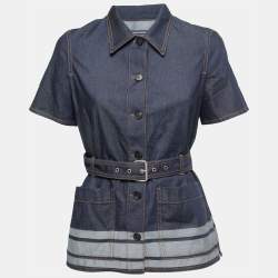 Pre Owned Christian Dior Blue Denim Couture Belted Short Sleeve Shirt S