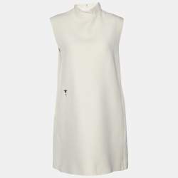 Pre Owned Christian Dior Beige Bee Embroidered Wool & Silk Crepe High Neck Shift Dress M