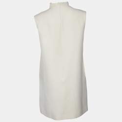 Pre Owned Christian Dior Beige Bee Embroidered Wool & Silk Crepe High Neck Shift Dress M