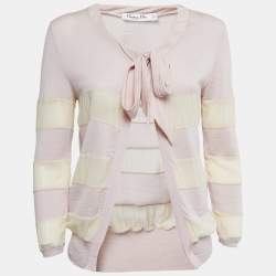 Dior Dusty Pink/Cream Wool & Silk Knit Neck Tie Detail Open Front Cardigan M