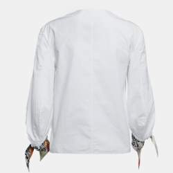 Pre Owned Dior White Cotton and Printed Silk Long Sleeve Tie Detail V-Neck Blouse M