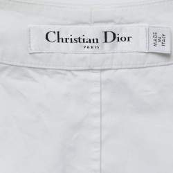 Pre Owned Dior White Cotton and Printed Silk Long Sleeve Tie Detail V-Neck Blouse M