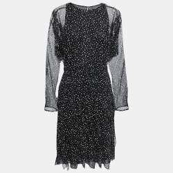 Gucci Black Dotted Silk Chiffon Ruffled Short Dress L