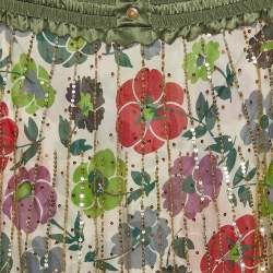 Pre Owned Christian Dior Gold Tulle & Multicolor Floral Printed Silk Lined Maxi Skirt M