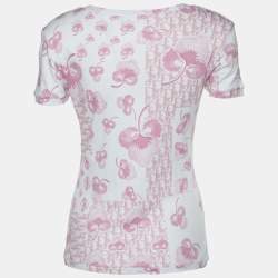 Pre Owned Christian Dior Boutique White & Pink Trotter Monogram Printed Cotton Knit V-Neck T-Shirt L