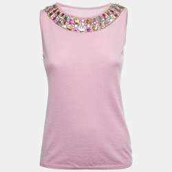 Pre Owned Christian Dior Pink Cashmere Knit Embellished Neck Cardigan M
