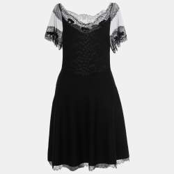 Pre Owned Christian Dior Black Knit Lace Paneled Mini Dress M