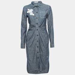 Dior Blue Denim Floral Embellished Pleated Midi Dress M