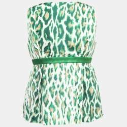 Christian Dior Green Animal Print Silk Bow Detail Top M