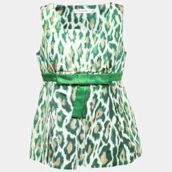 Christian Dior Green Animal Print Silk Bow Detail Top M