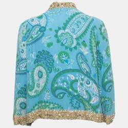 Christian Dior Blue Paisley Printed Silk Bead Embellished Draped Top M