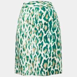 Pre Owned Christian Dior Green Animal Print Silk Pencil Skirt S