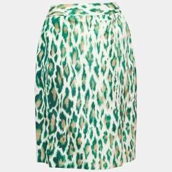 Pre Owned Christian Dior Green Animal Print Silk Pencil Skirt S