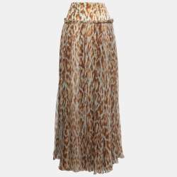 Pre Owned Christian Dior Brown Animal Printed Chiffon Bow Maxi Skirt M