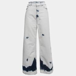 Christian Dior White/Blue Tie-Dye Denim Frayed Wide Leg Jeans M Waist 32"