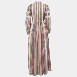 Pre Owned Dior Multicolor Striped Linen Lace Trimmed Long Sleeve Maxi Dress M