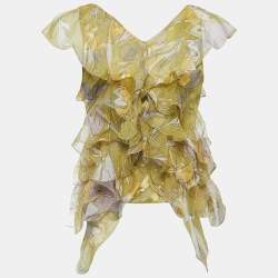 Dior Green All-Over Print Silk Button Front Ruffled Sleeveless Blouse M