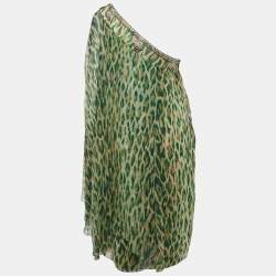Pre Owned Dior Green Leopard Print Embellished Silk One Shoulder Short Dress XL