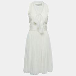 Dior Cream Silk Neck Tie Detail Gathered Sleeveless Short Dress M