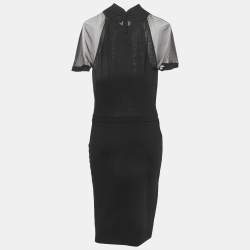 Dior Black Wool Blend High Neck Silk Sleeved Midi Dress XL