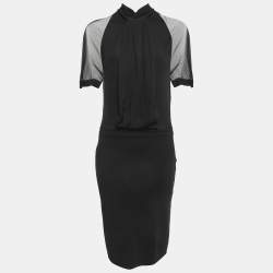 Dior Black Wool Blend High Neck Silk Sleeved Midi Dress XL