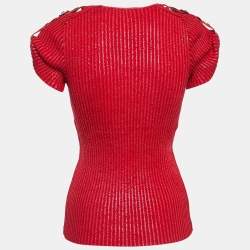 Pre Owned Christian Dior Boutique Red Ribbed Knit Belt Detail Top S