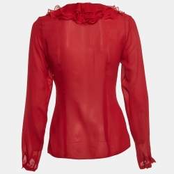 Pre Owned Dior Red Silk Ruffled Semi Sheer Shirt S
