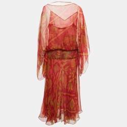 Pre Owned Christian Dior Boutique Red Printed Silk Kimono Sleeve Maxi Dress M