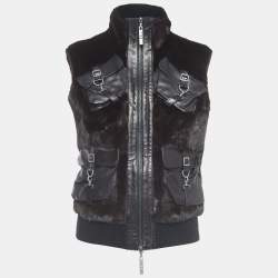 Pre Owned Christian Dior Boutique Black Fur and Leather Sleeveless Zipper Jacket M