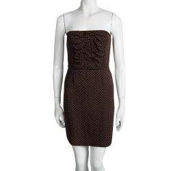 Dior Brown Polka Dot Print Silk Ruched Panel Detail Strapless Dress S