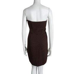 Dior Brown Polka Dot Print Silk Ruched Panel Detail Strapless Dress S
